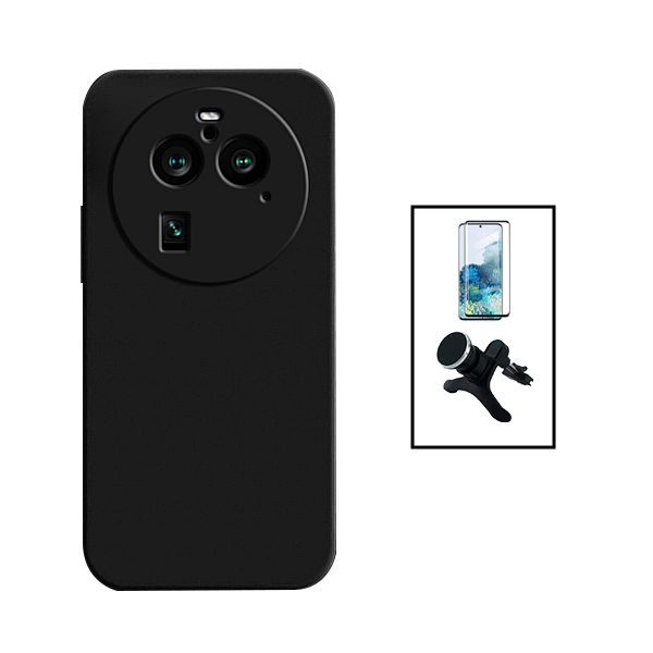 Kit Película de Vidro Temperado Curved + Capa Silicone Líquido + Suporte Magnético de Carro Reforçado para Oppo Find X6 - Preto