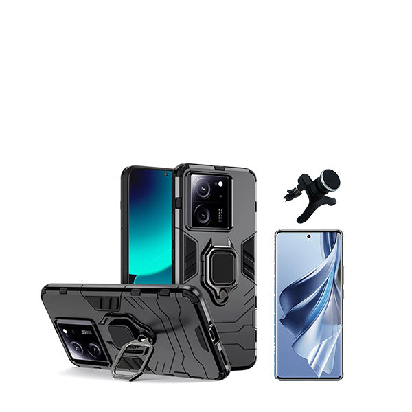 Kit Película Hydrogel Full Cover Frente + Capa 3X1 Military Defender + Suporte Magnético de Carro Reforçado para Xiaomi 13T - Preto