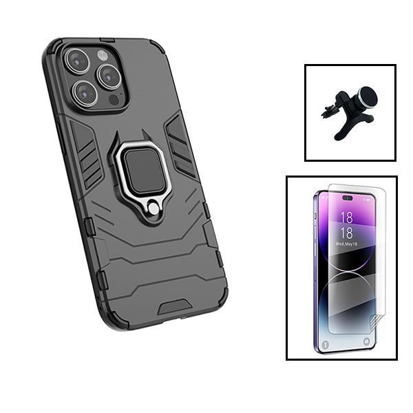 Kit Película Hydrogel Full Cover Frente + Capa 3X1 Military Defender + Suporte Magnético de Carro Reforçado para Apple iPhone 15 - Preto