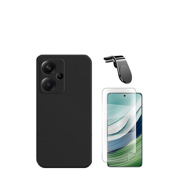 Kit Película Hydrogel Full Cover Frente + Capa Silicone Líquido + Suporte Magnético L Safe Driving Carro para Xiaomi Redmi Note 13 Pro+ - Preto