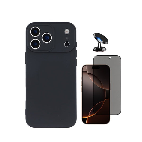 Kit Vidro Anti-Spy + Capa Silicone Líquido + Suporte Magnético PHONECARE Para Apple iPhone 18 Pro - Preto