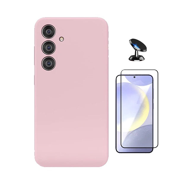 Kit Vidro Temperado + Capa Silicone Líquido + Suporte Magnético Phonecare Para Samsung Galaxy S25 + Plus - Rosa