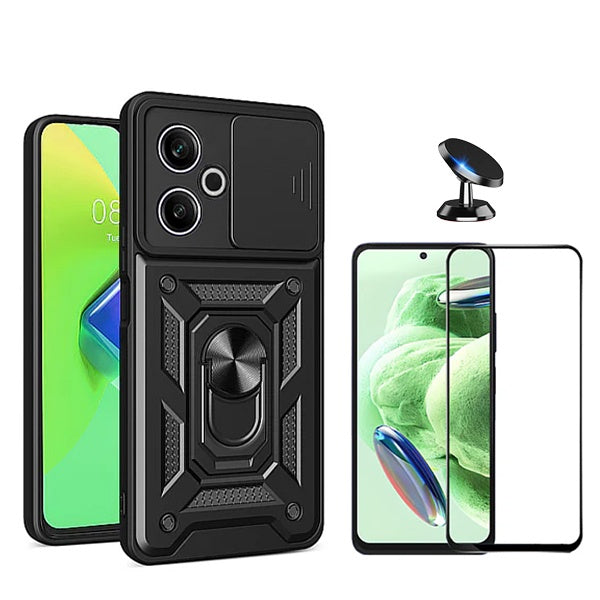 Kit Vidro Premium Full Cover + Capa Magnetic Military Defender Slide + Suporte Magnético de Carro para Xiaomi Redmi 13 - Preto