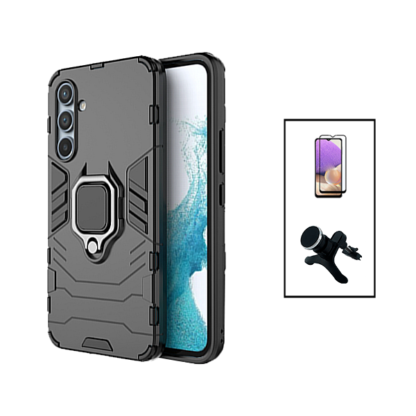 Kit Vidro Premium Full Cover + Capa 3X1 Military Defender + Suporte Magnético de Carro Reforçado para Samsung Galaxy A24 - Preto
