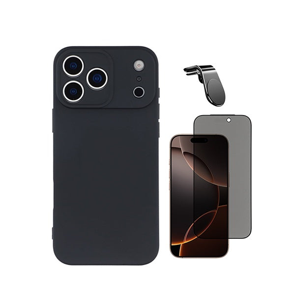 Kit Vidro Anti-Spy + Capa Silicone Líquido + Suporte Magnético L PHONECARE Para Apple iPhone 18 Pro - Preto