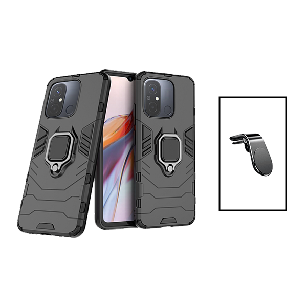 Kit Suporte Magnético L Safe Driving Carro + Capa 3X1 Military Defender para Xiaomi Redmi 12C - Preto