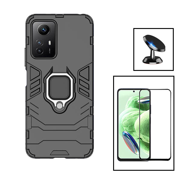 Kit Vidro Premium Full Cover + Capa 3X1 Military Defender + Suporte Magnético de Carro para Xiaomi Redmi Note 12S - Preto
