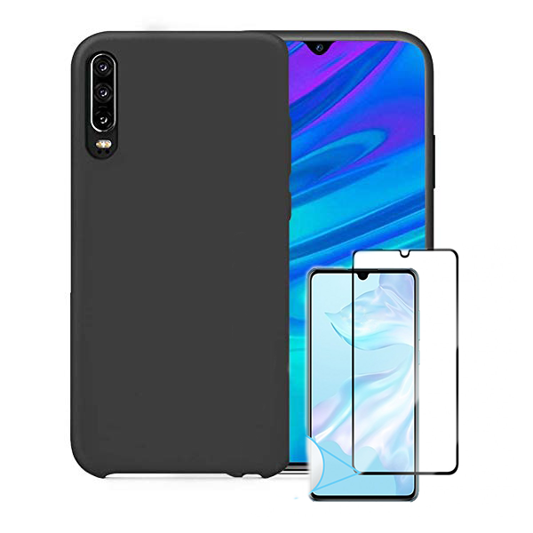 Kit Vidro Premium Full Cover + Capa Silicone Líquido para Huawei P30 Lite