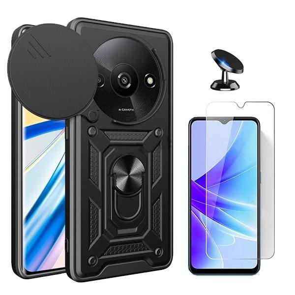 Kit Vidro Clearglass + Capa Magnetic Military Defender Slide Window Anti-Impacto + Suporte Magnético de Carro para Xiaomi Redmi A3 - Preto