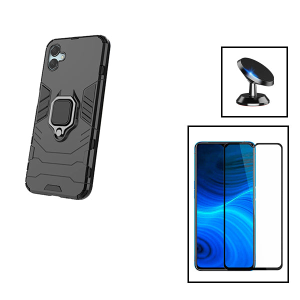 Kit Vidro Premium Full Cover + Capa 3X1 Military Defender + Suporte Magnético de Carro para Samsung Galaxy F04 - Preto
