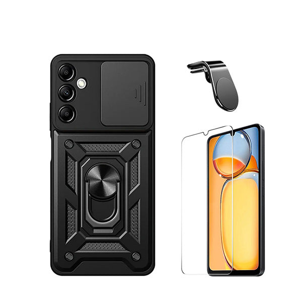 Kit Vidro Clearglass + Capa Magnetic Military Defender Slide Window Anti-Impacto + Suporte Magnético L Safe Driving Carro para Samsung Galaxy A15 5G - Preto