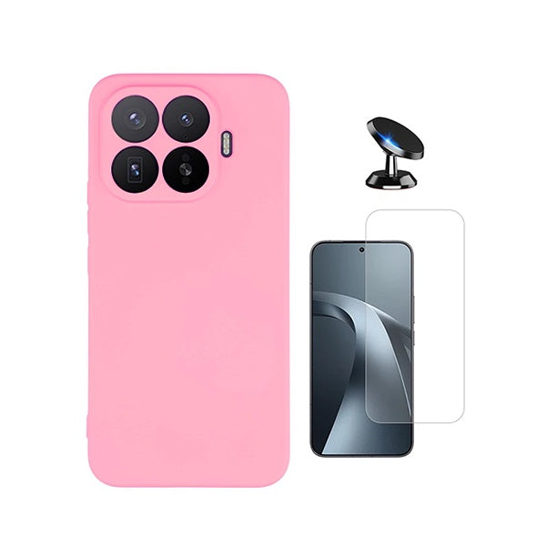 Kit Vidro Clearglass + Capa Silicone Líquido + Suporte Magnético PHONECARE Para Xiaomi 17T 5G - Rosa
