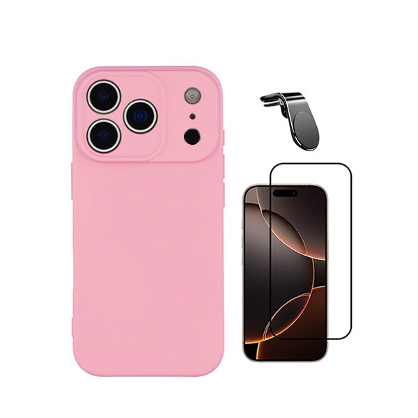Kit Vidro Temperado + Capa Silicone Líquido + Suporte L PHONECARE Para Apple iPhone 18 Pro - Rosa