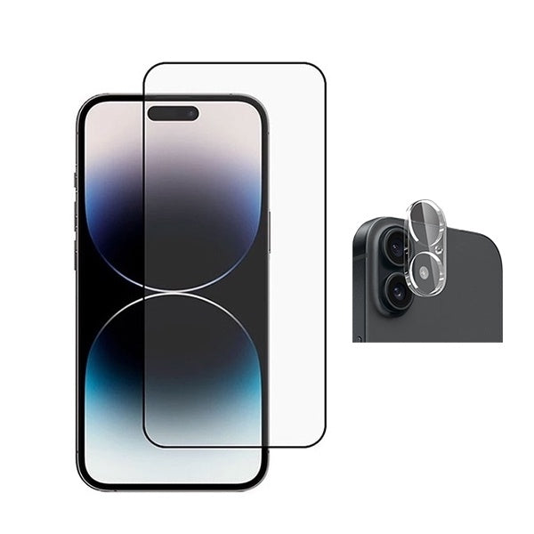 Kit Película de Camara Traseira + Vidro Temperado Full Cover Premium para Apple iPhone 16 - Transparente/Preto