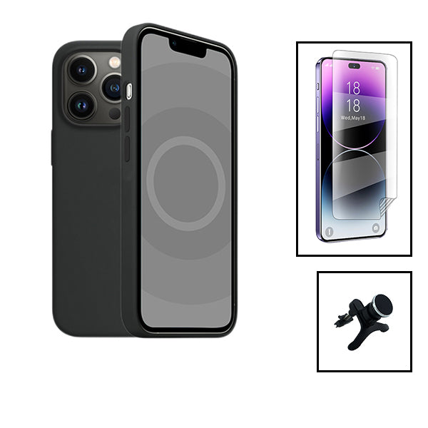 Kit Película Hydrogel Full Cover Frente + Capa Silicone Líquido + Suporte Magnético de Carro Reforçado para Apple iPhone 15 Pro - Preto