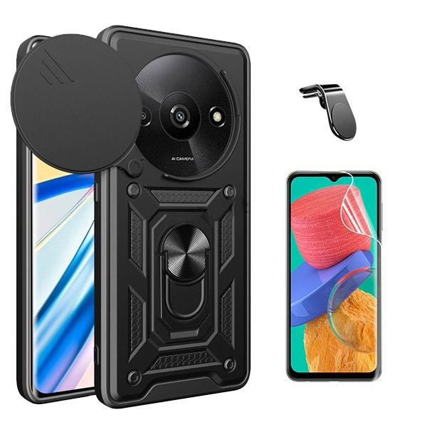 Kit Película Hydrogel Full Cover Frente + Capa Magnetic Military Defender Slide Window Anti-Impacto + Suporte Magnético L Safe Driving Carro para Xiaomi Redmi A3 - Preto