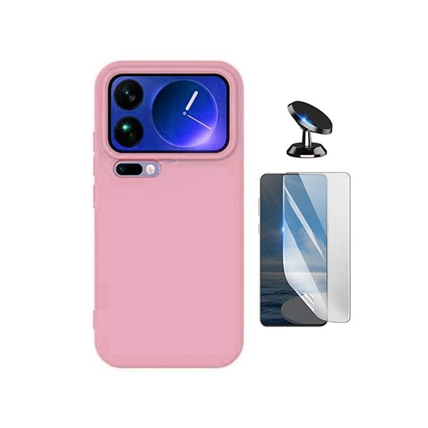 Kit Película Hydrogel Frente + Capa Silicone Líquido + Suporte Magnético PHONECARE Para Xiaomi 17 Pro 5G - Rosa