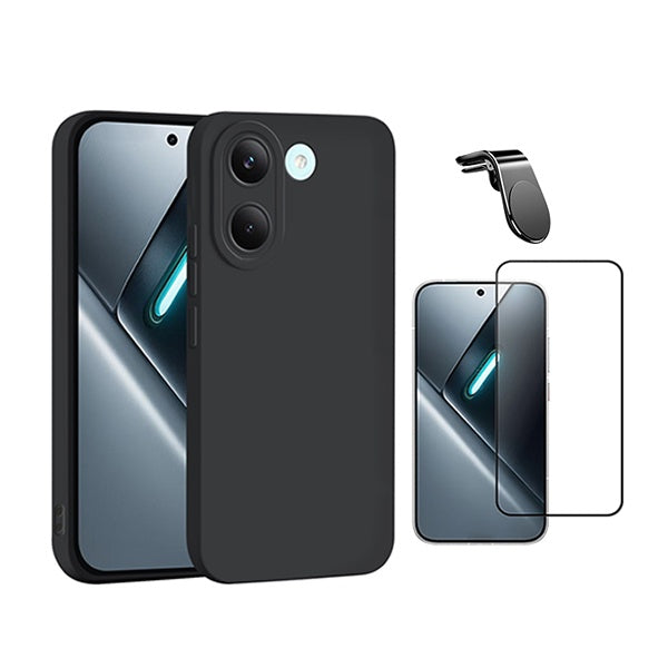 Kit Vidro Temperado + Capa Silicone Líquido + Suporte L PHONECARE Para Xiaomi Poco X8 Pro - Preto
