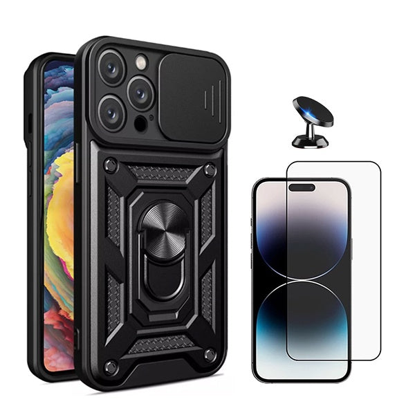 Kit Vidro Premium Full Cover + Capa Magnetic Military Defender Slide + Suporte Magnético de Carro para Apple iPhone 16 Pro Max - Preto