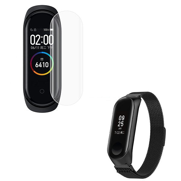 Kit Bracelete Milanese Loop Fecho Magnético + Película Protectora Ecrã Gel Full Cover para Xiaomi Mi Band 5 - Preto