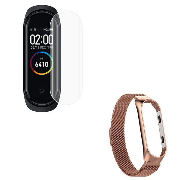 Kit Bracelete Milanese Loop Fecho Magnético + Película Protectora Ecrã Gel Full Cover para Amazfit Band 5 - Ouro Rosa