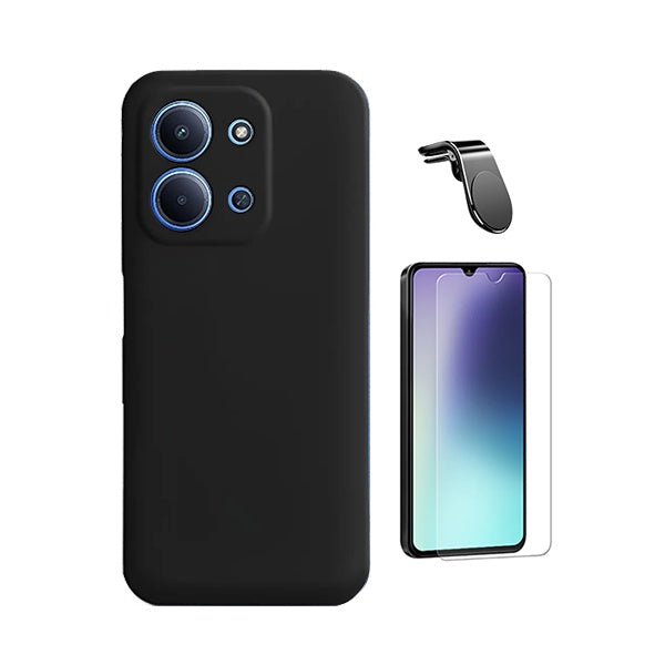 Kit Vidro Clearglass + Capa Silicone Líquido + Suporte L PHONECARE Para Xiaomi Poco C85 - Preto