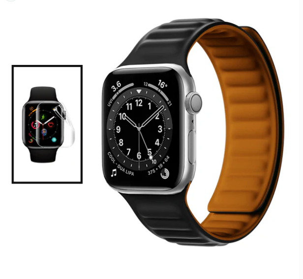 Kit Bracelete Magnetic Smoothsilicone + Película de Hydrogel para Apple Watch Series 11 - 42mm - Preto Laranja