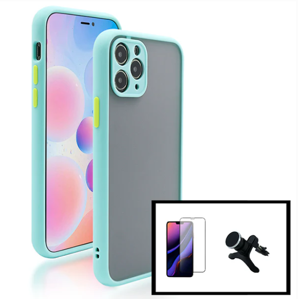 Kit Capa Anti Choque Camera Protection + Película 5D Full Cover + Suporte Magnético Reforçado de Carro para Apple iPhone 13 Pro - Azul Claro