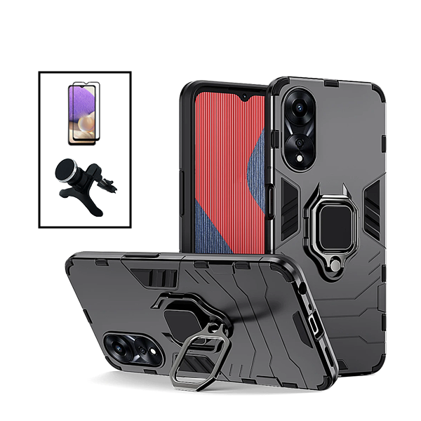 Kit Vidro Premium Full Cover + Capa 3X1 Military Defender + Suporte Magnético de Carro Reforçado para Oppo A58 - Preto