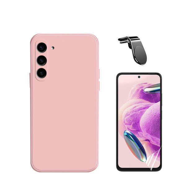 Kit Película Hydrogel Full Cover Frente + Capa Silicone Líquido + Suporte Magnético L Safe Driving Carro para Samsung Galaxy S24 Plus + 5G - Rosa