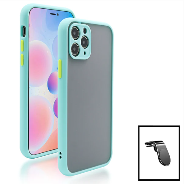 Kit Capa Anti Choque Camera Protection + Película 5D Full Cover + Suporte Magnético L Safe Driving Carro para Apple iPhone 13 - Azul Claro