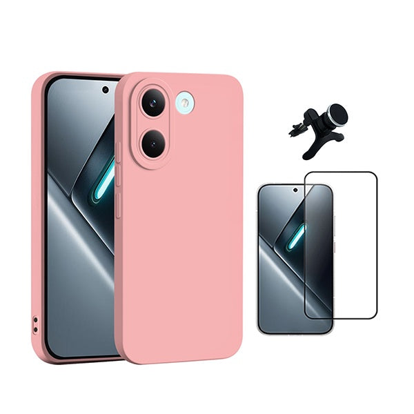 Kit Vidro Temperado + Capa Silicone Líquido + Suporte Magnético Reforçado PHONECARE Para Xiaomi Poco X8 Pro - Rosa