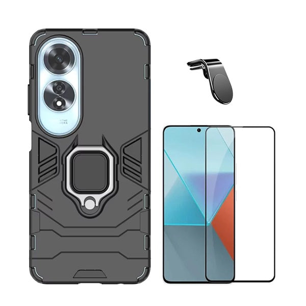 Kit Vidro Premium Full Cover + Capa 3x1 Military Defender + Suporte Magnético L Safe Driving Carro para Oppo A60 - Preto