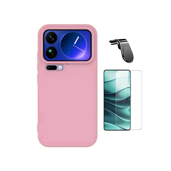 Kit Vidro Clearglass + Capa Silicone Líquido + Suporte L PHONECARE Para Xiaomi 17 Pro Max 5G - Rosa