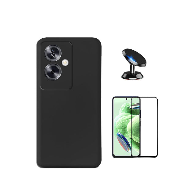 Kit Vidro Premium Full Cover + Capa Silicone Líquido + Suporte Magnético de Carro para Oppo A79 5G - Preto