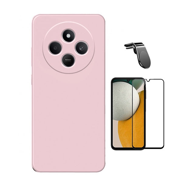 Kit Vidro Temperado + Capa Silicone Líquido + Suporte L Para Xiaomi Redmi 14C - Rosa