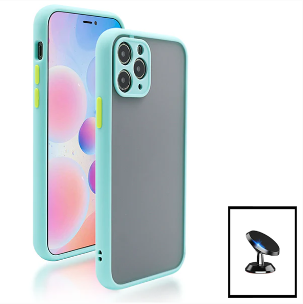 Kit Capa Anti Choque Camera Protection + Película 5D Full Cover + Suporte Magnético de Carro para Apple iPhone 13 - Azul Claro