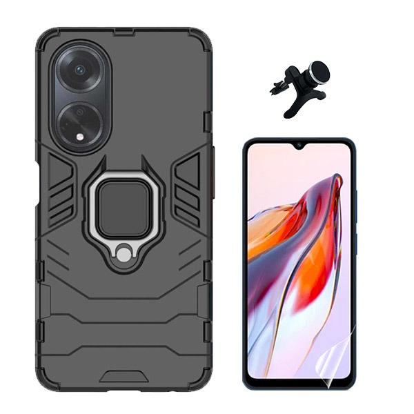 Kit Película Hydrogel Full Cover Frente + Capa 3X1 Military Defender + Suporte Magnético de Carro Reforçado para Oppo A18 - Preto