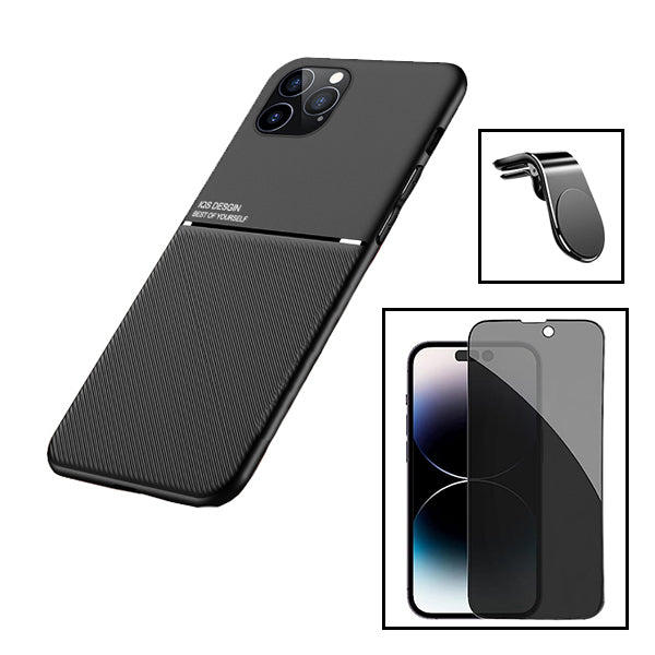 Kit Capa Magnetic Lux + Anti-Spy 5D Full Cover + Suporte Magnético L Safe Driving para Apple iPhone 15 Pro - Preto