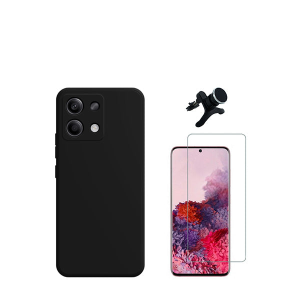 Kit Vidro Clearglass + Capa Silicone Líquido + Suporte Magnético de Carro Reforçado para Xiaomi Redmi Note 13 4G - Preto