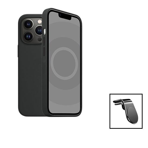 Kit Suporte Magnético L Safe Driving Carro + Capa Silicone Líquido para Apple iPhone 15 Plus - Preto