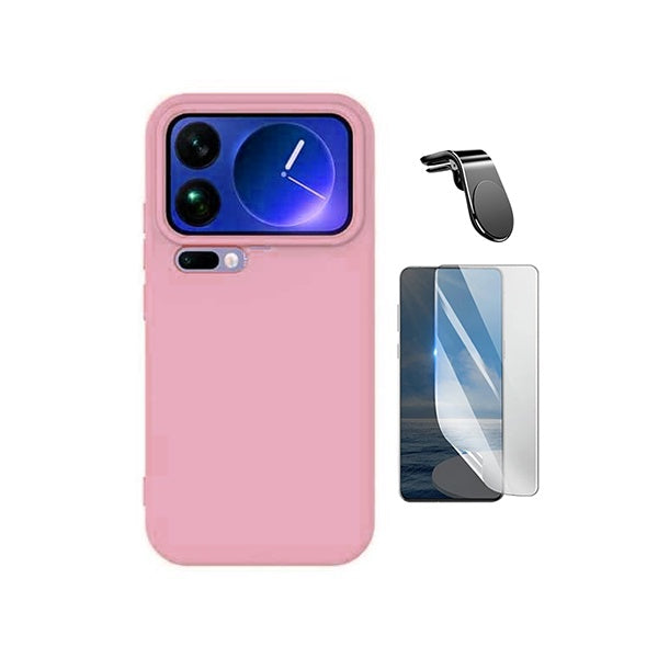 Kit Película Hydrogel Frente + Capa Silicone Líquido + Suporte L PHONECARE Para Xiaomi 17 Pro 5G - Rosa