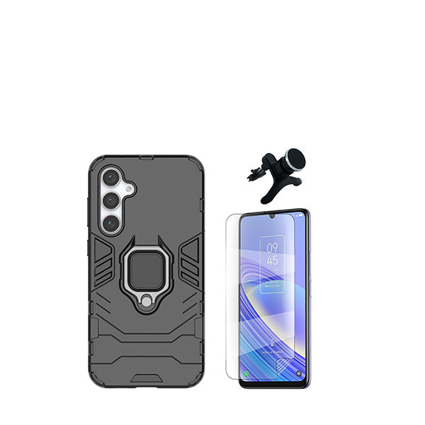 Kit Película Hydrogel Full Cover Frente + Capa 3X1 Military Defender + Suporte Magnético de Carro Reforçado para Samsung Galaxy A15 - Preto