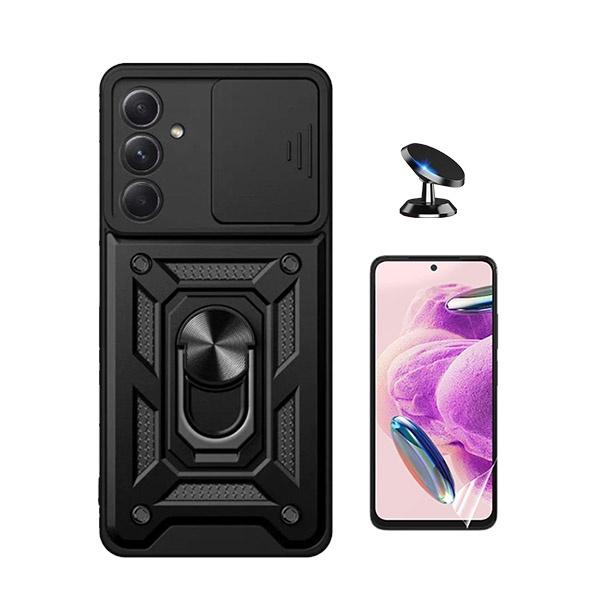 Kit Película Hydrogel Full Cover Frente + Capa Magnetic Military Defender Slide Window Anti-Impacto + Suporte Magnético de Carro para Samsung Galaxy A55 5G - Preto