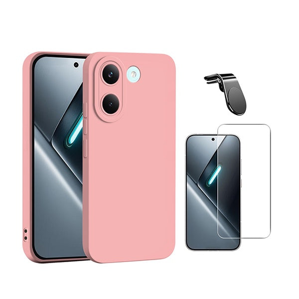 Kit Vidro Clearglass + Capa Silicone Líquido + Suporte L PHONECARE Para Xiaomi Poco X8 Pro - Rosa