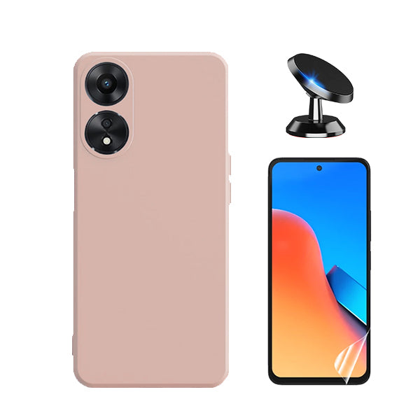 Kit Película Hydrogel Full Cover Frente + Capa Silicone Líquido + Suporte Magnético de Carro para Oppo A58 4G - Rosa