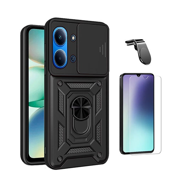 Kit Vidro Clearglass + Capa Magnetic Slide Window + Suporte L PHONECARE Para Xiaomi Poco C85 - Preto