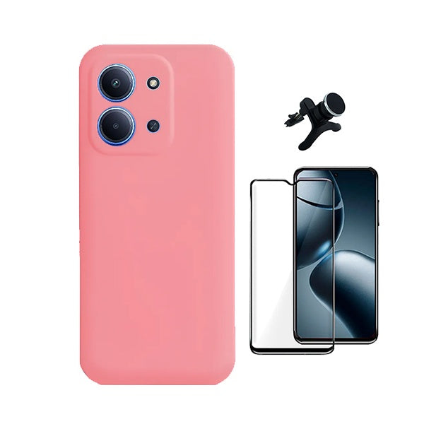 Kit Vidro Temperado + Capa Silicone Líquido + Suporte Magnético Reforçado PHONECARE Para Xiaomi Poco C85 - Rosa