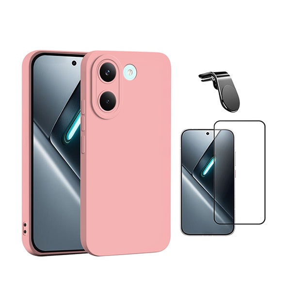Kit Vidro Temperado + Capa Silicone Líquido + Suporte L PHONECARE Para Xiaomi Poco X8 Pro 5G - Rosa