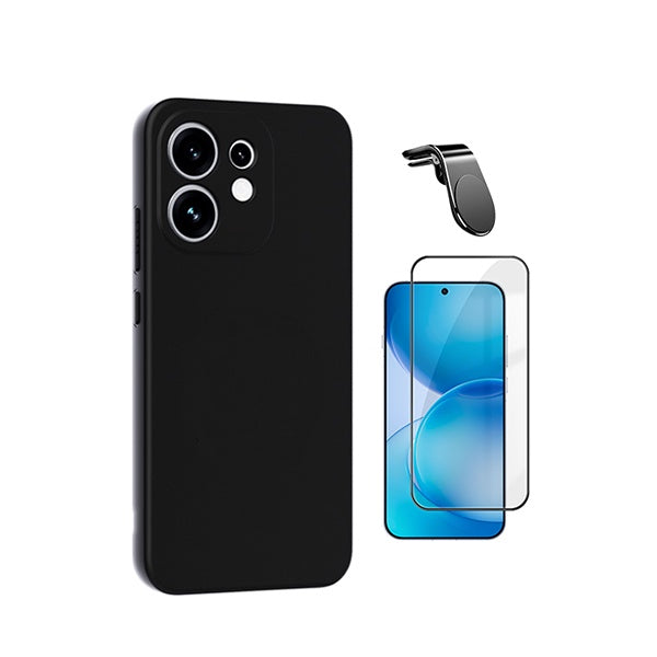Kit Vidro Temperado + Capa Silicone Líquido + Suporte L PHONECARE Para Oppo Reno16 - Preto